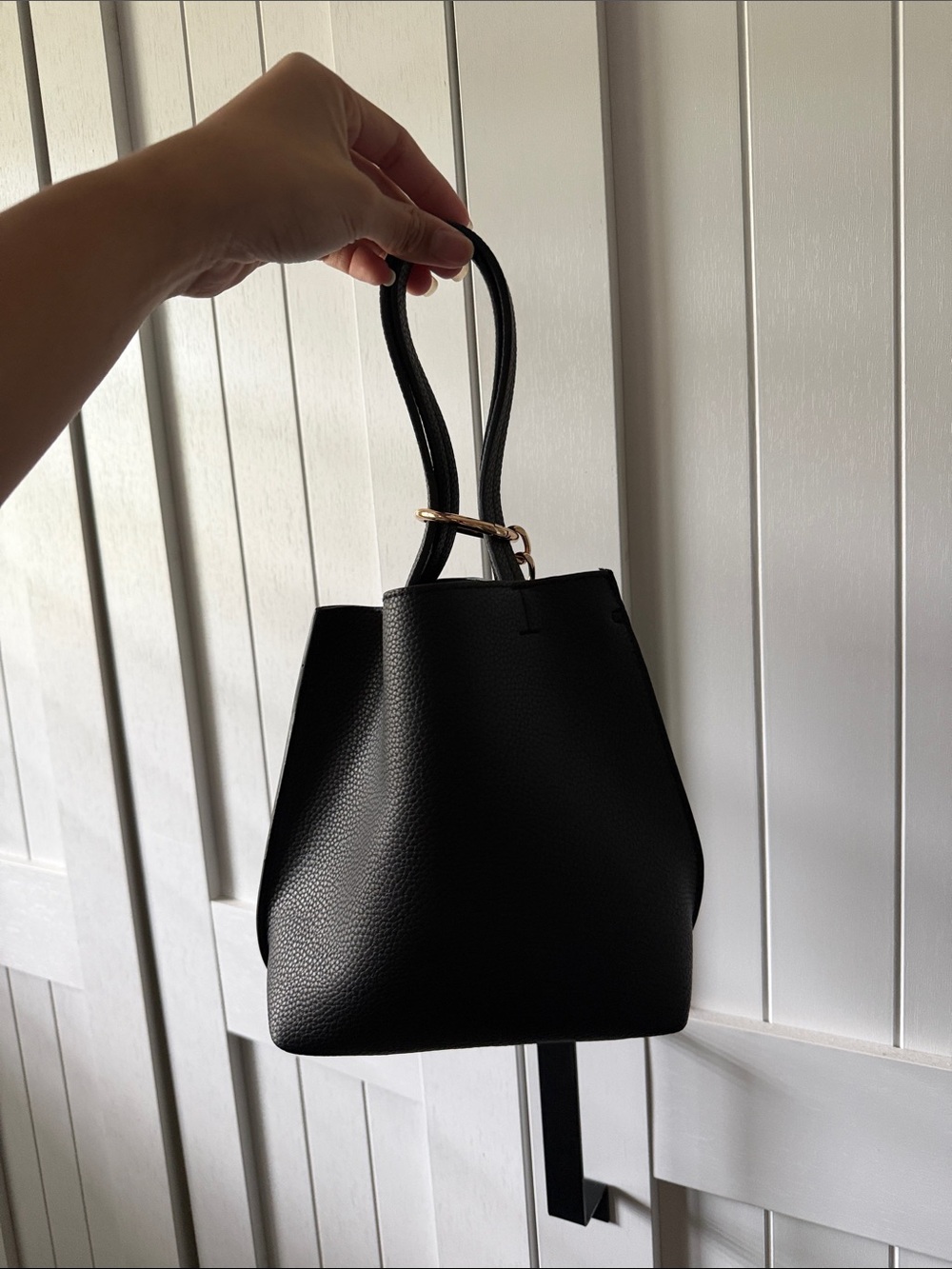 Black Leather Bucket Tote Bag - Minimal Women's Handbag